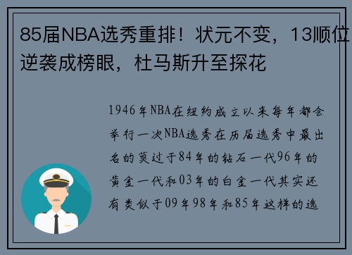 85届NBA选秀重排！状元不变，13顺位逆袭成榜眼，杜马斯升至探花