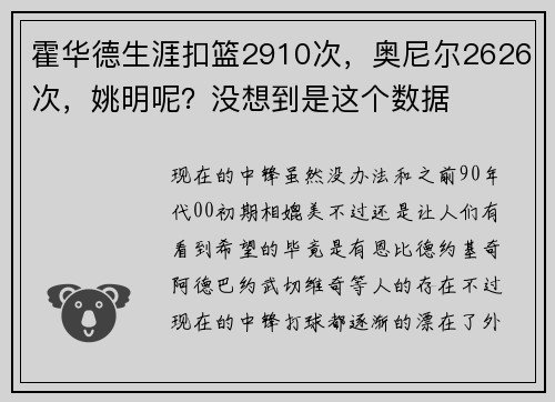 霍华德生涯扣篮2910次，奥尼尔2626次，姚明呢？没想到是这个数据